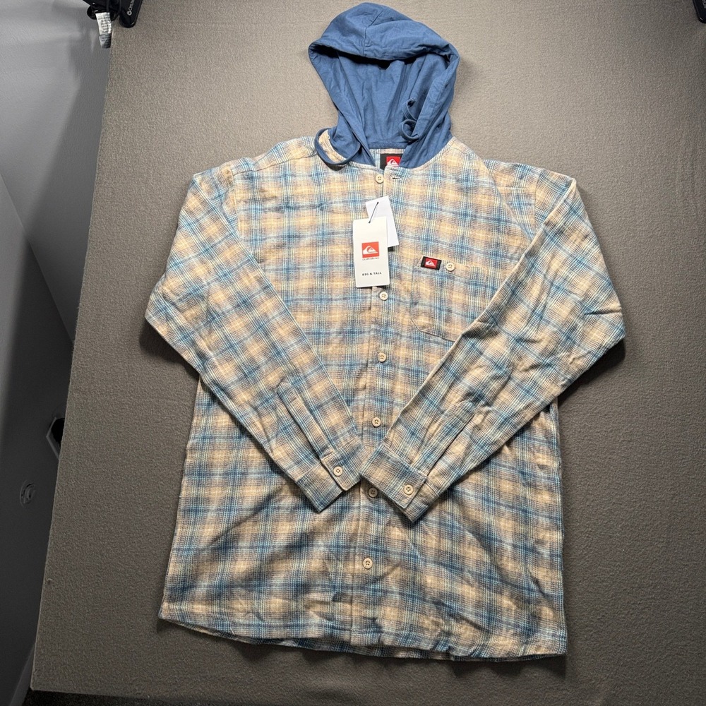 Quiksilver Hooded Flannel Shirt Mens LT Indigo Plaid Button Up QSFLNHD02KL